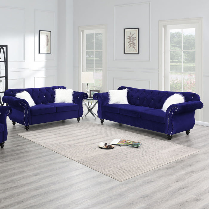 Upholstered Sofa Set With Crystal Tufted Seat And Nailhead Trim, 2 Piece Living Room Furniture - Indigo