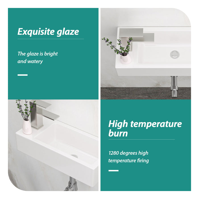 Modern Ceramic Rectangle Wall Mount Bathroom Sink With Single Faucet Hole