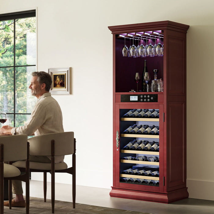 Single Zone Wine Cooler With Tempered Glass Door LED Lighting, 56 Bottle Capacity, Touch Screen Control - Cherry