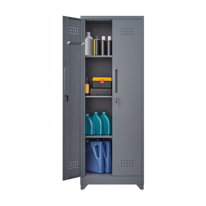 Heavy Duty Storage Cabinet With Locking Doors, Hanging Rod & Shelves, Broom Closet - Gray