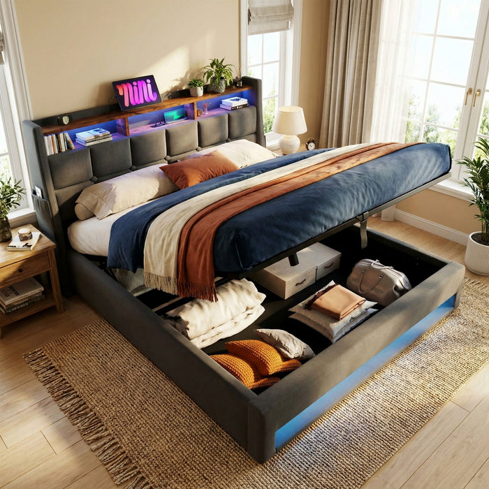 Platform Bed With Hydraulic Storage, LED Lighting & Charging Station