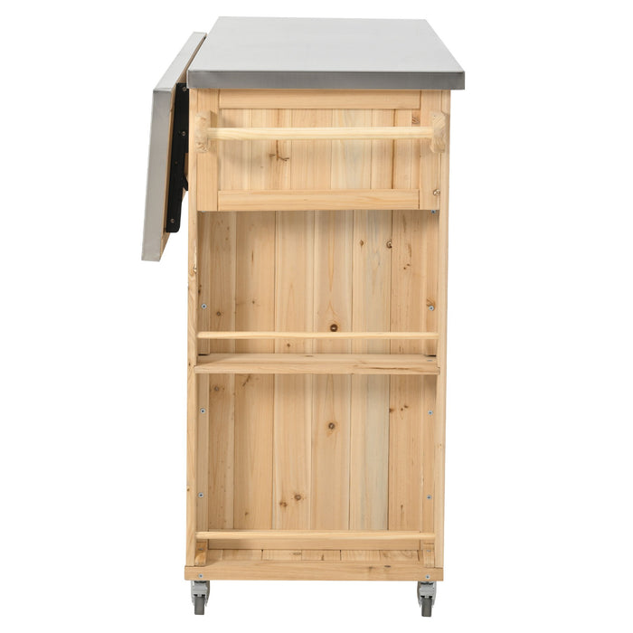 Outdoor Kitchen Island With Stainless Steel Top, Ample Storage Space, Towel And Spice Racks And A Bottle Opener