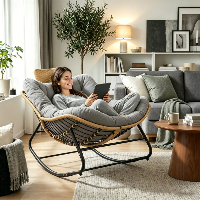 Oversized Papasan Rocking Chair Outdoor With Thick Cushion