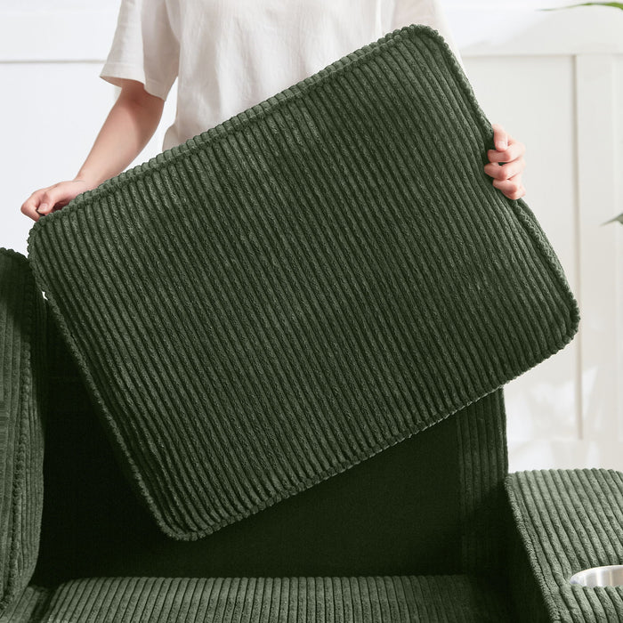 Modern Corduroy Fabric Sofa, 3 Seater Compressed Couch With Cup Holders