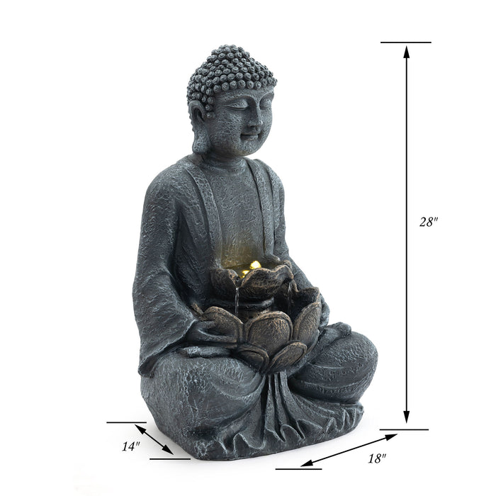 Zen - 2 Tier Meditating Buddha Water Fountain With Pump & LED Light - Gray
