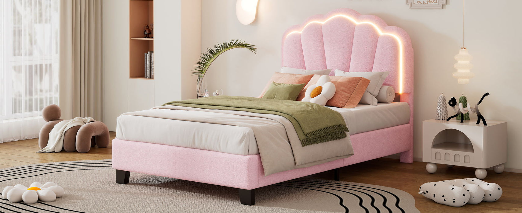 Upholstered Elegant Flowers Headboard With LED Light Strip, Platform Bed With Slats Support