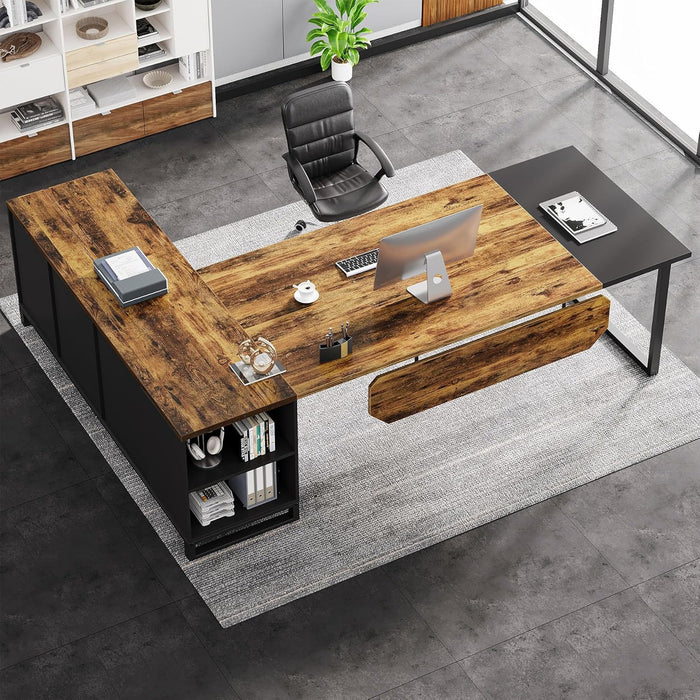 L-Shaped Executive Desk With File Cabinet, Computer Workstation With Storage