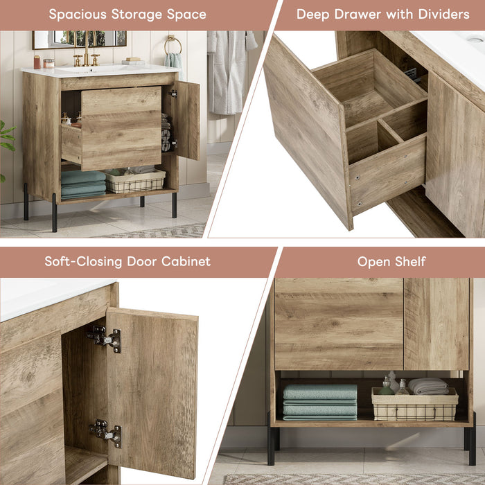 Bathroom Vanity Cabinet With Sink, Sliding Drawer, Soft Closing Door, Open Shelf - Natural Wood