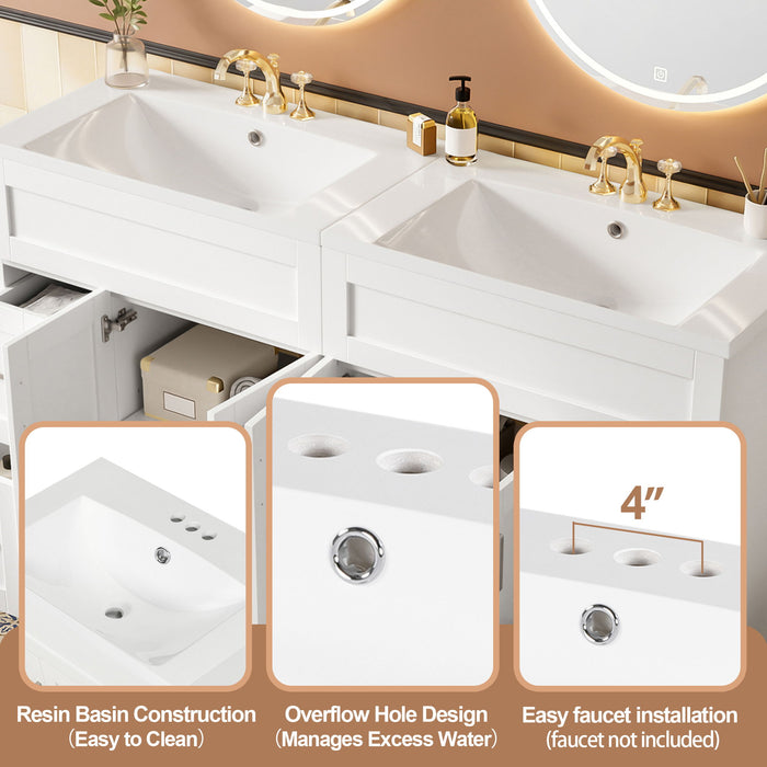 Bathroom Vanity With 4 Cabinet Doors, 4 Drawers, Dual Sinks, Hidden Soft Close Slides And Hinges - White