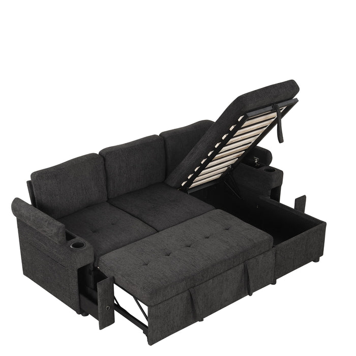 Convertible L Shaped Sofa Couch With Storage, Cup Holders, USB Ports
