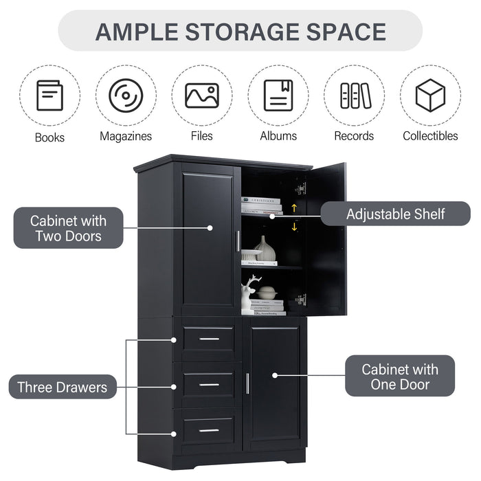 Tall And Wide Storage Cabinet With Doors, 3 Drawers