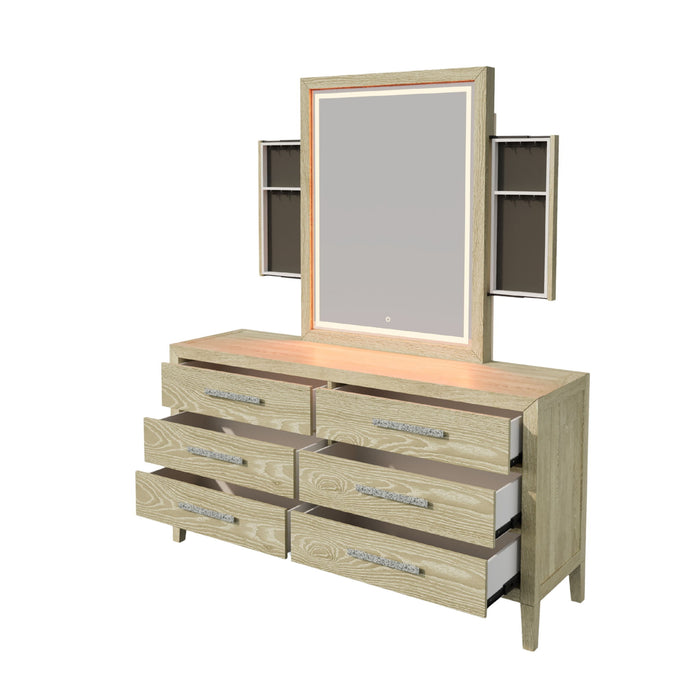 Adeline - 6 Drawers Dresser & Mirror With Jewelry Box & LED Light - Natural Wood Wash