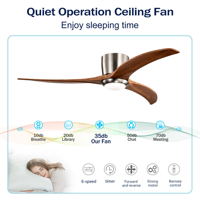 Flush Mount Fan Light, 3 Blades Ceiling Fan With Lights Remote Control, Quiet DC Motor, 6 Speed - Nickel