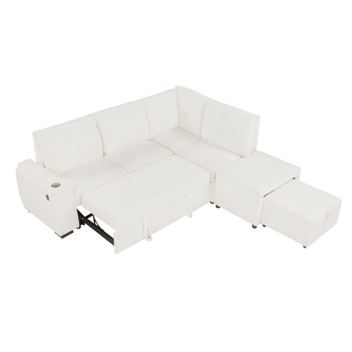 Pull-Out L-Shaped Sectional Sofa With Movable Ottoman And Stool, Large Storage Space, A Cup Holder, And 2 USB Ports For Living Room