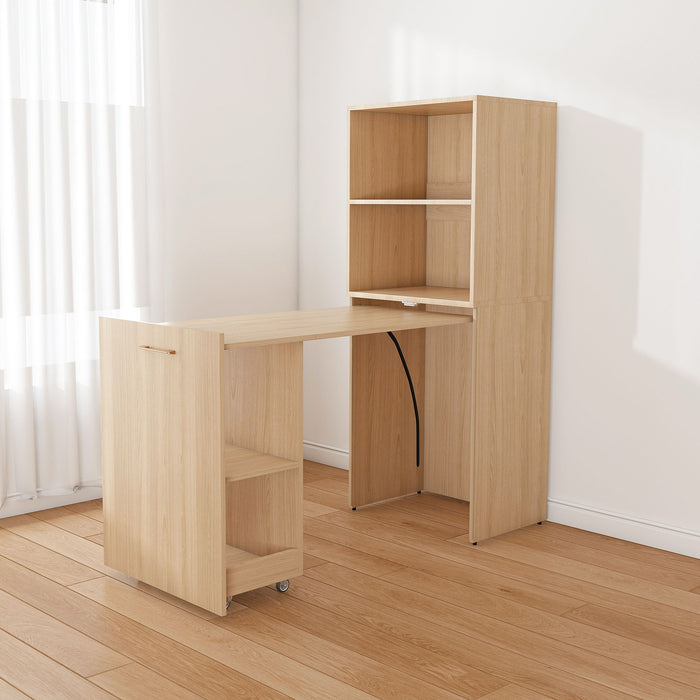 Stretchable Office Desk With Storage Shelves And Mobile Wheels
