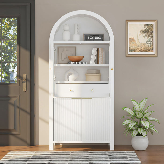 Fluted Tall Arched Pantry Cabinet With Adjustable Shelves, Glass Door & Hidden Drawer For Kitchen