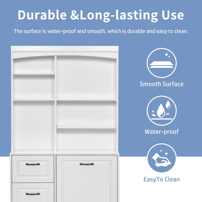 Bathroom Storage Cabinet With Tilt Out Hamper, Tall Free Standing Organizer With Drawers & Adjustable Shelves, Linen Tower With Steel Handles - White