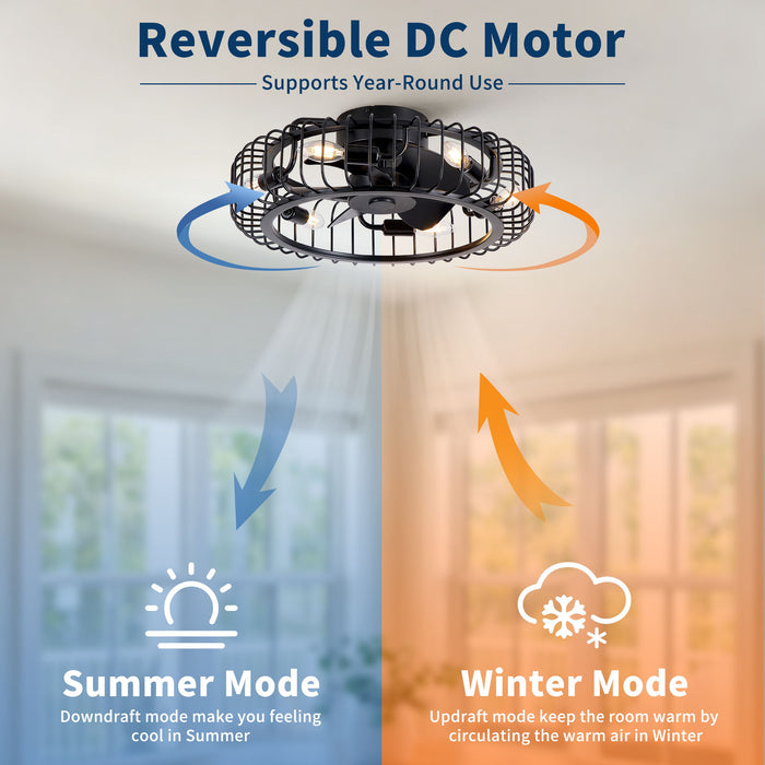 Flush Mount Ceiling Fan With Lights, Low Profile Fandelier With E12 Sockets, Reversible DC Motor, 6 Speeds - Black