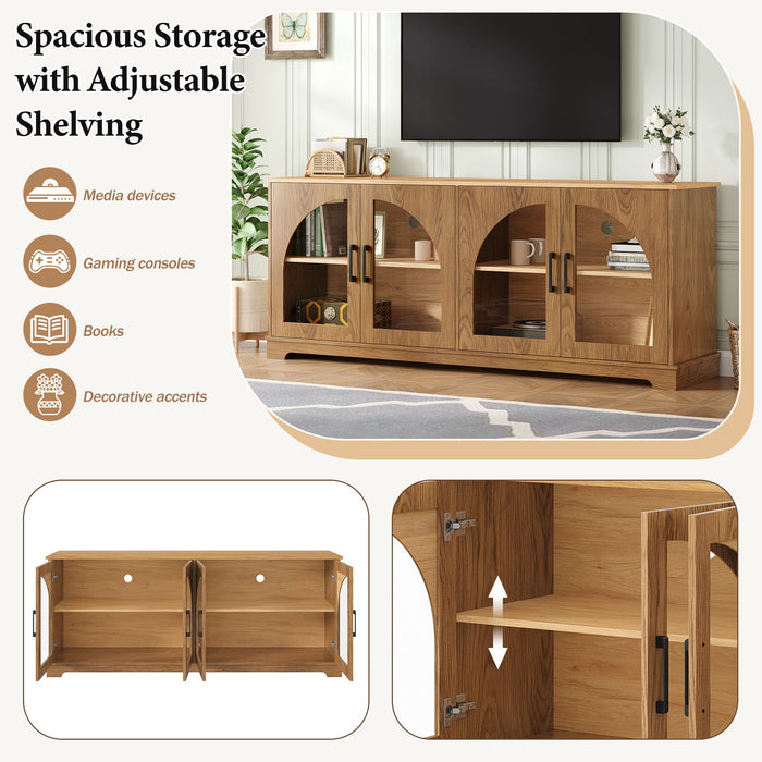 TV Stand With Semi Arched Glass Doors, Media Console With Adjustable Shelves For Living Room - Brown