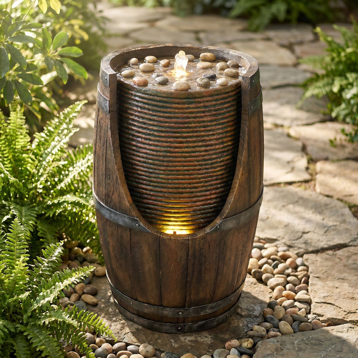 Rustic Barrel Water Fountain With LED Light