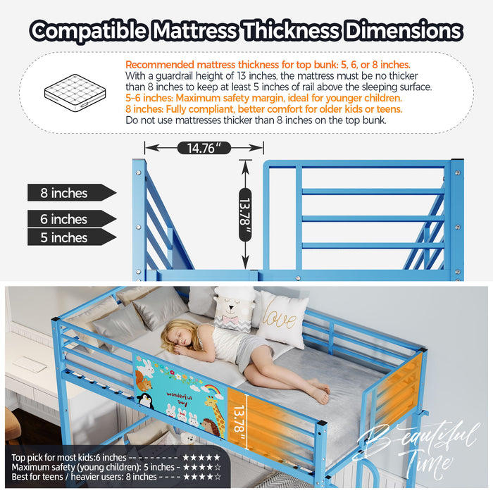 Bunk Bed, Convertible To 2 Separate Twin Size Beds With Full Length Guardrail & Ladder, No Box Spring Needed - Blue