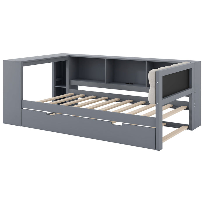 Upholstered Headboard Platform Bed With Storage Shelves, Trundle, Charging Station