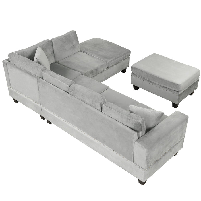 Modern Sectional Sofa With Storage Ottoman, L - Shape Couch With 2 Pillows And Cup Holders
