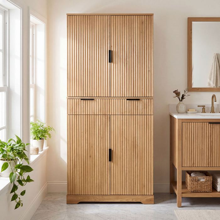 Fluted Kitchen Pantry Cabinet With 3 Keyboard Drawers & 6 Door Shelves Adjustable