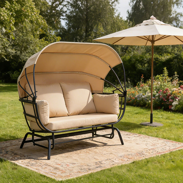 2 Person Egg Shaped Outdoor Swing Chair With Adjustable Canopy - Acacia Wood / Black / Taupe