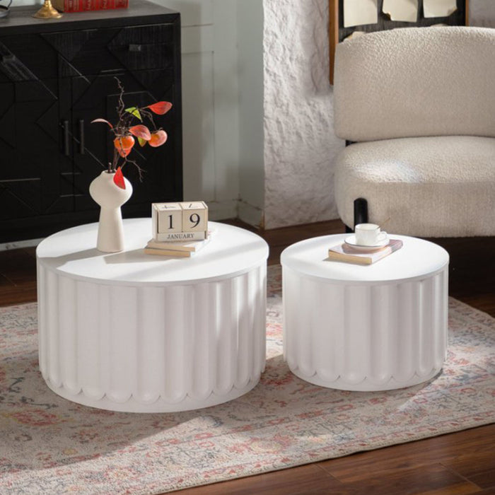 Round Storage Table Set With Lift Off Lid, Nesting Design, Elegant Curved Edge Shape For Living Room - Cream White