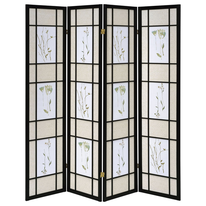 4 Panel Folding Screen With Floral Motif - Black