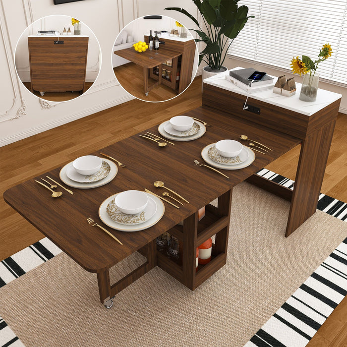 Extendable Dining Table With Power Socket, Lockable Casters, Storage Cabinet, Pull Out Kitchen Island - Natural Walnut