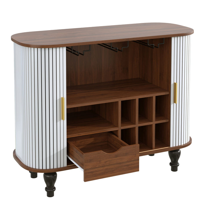 Fluted Liquor & Coffee Bar Cabinet With 6 Wine Racks And 3 Glass Holders