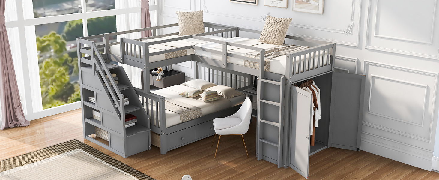 L Shaped Bunk Bed With 3 Drawers, Portable Desk And Wardrobe