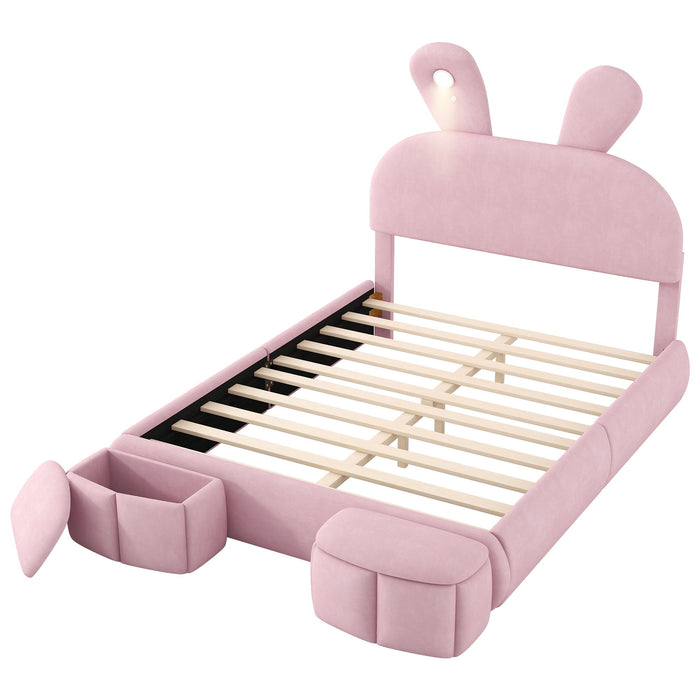 Full Upholstered Platform Bed With Cartoon Ears Headboard And LED Light - Pink