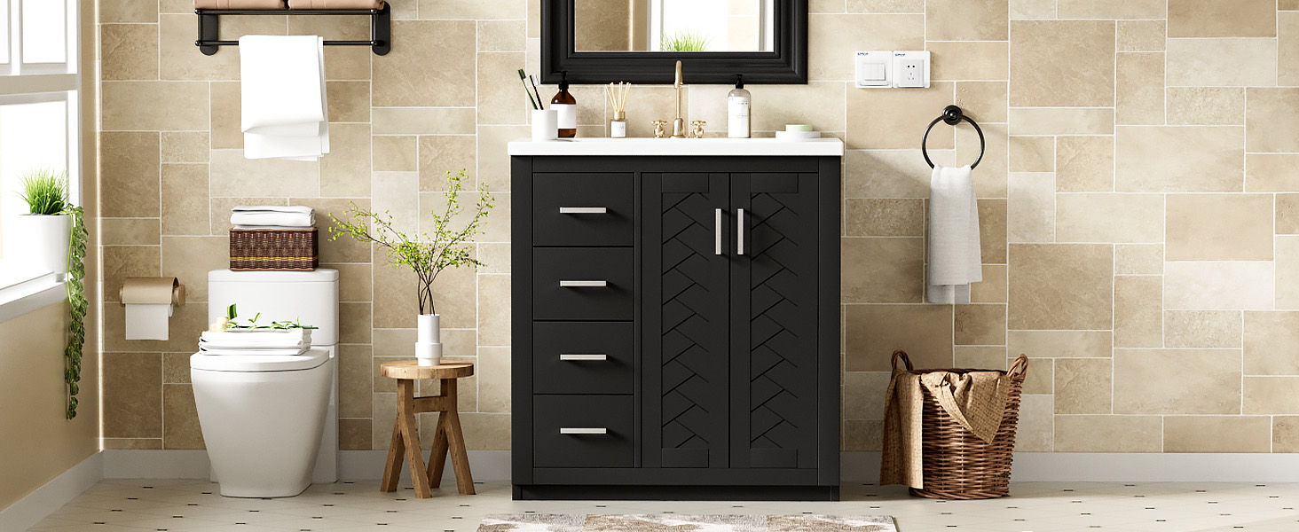 Ceramic Sink Combo, Freestanding Vanity Set With 3 Drawers & Soft Closing Doors