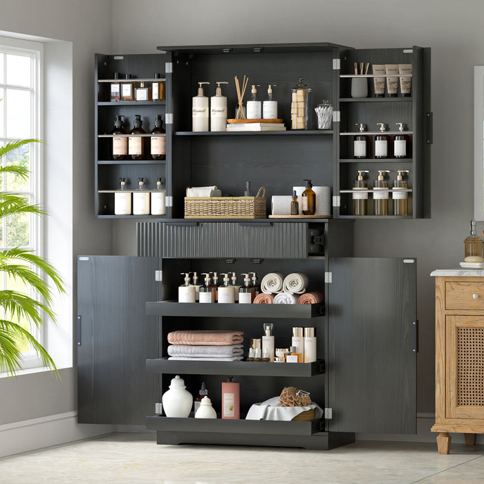 Fluted Kitchen Pantry Cabinet With 3 Keyboard Drawers & 6 Adjustable Door Shelves