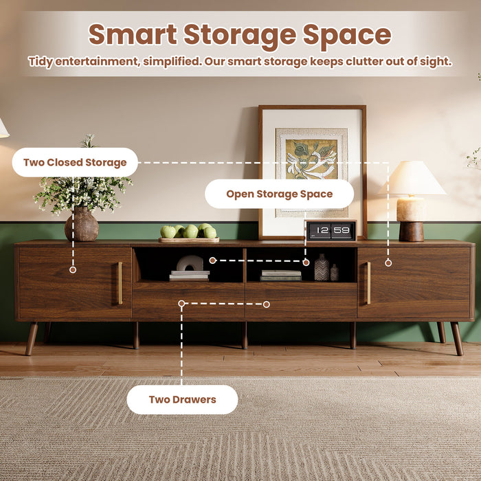 78" TV Stand For 85" TVs With Soft Close Doors, Open Shelf - Walnut