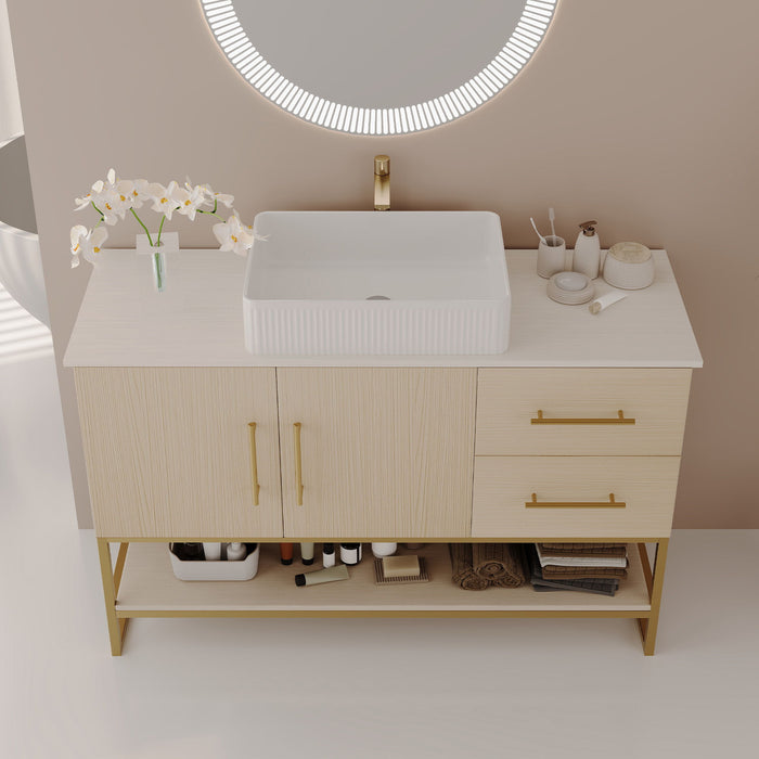 Bathroom Vanity With Vessel Sink Accent Free Standing Cabinet - Ameican White Oak / Gold / White