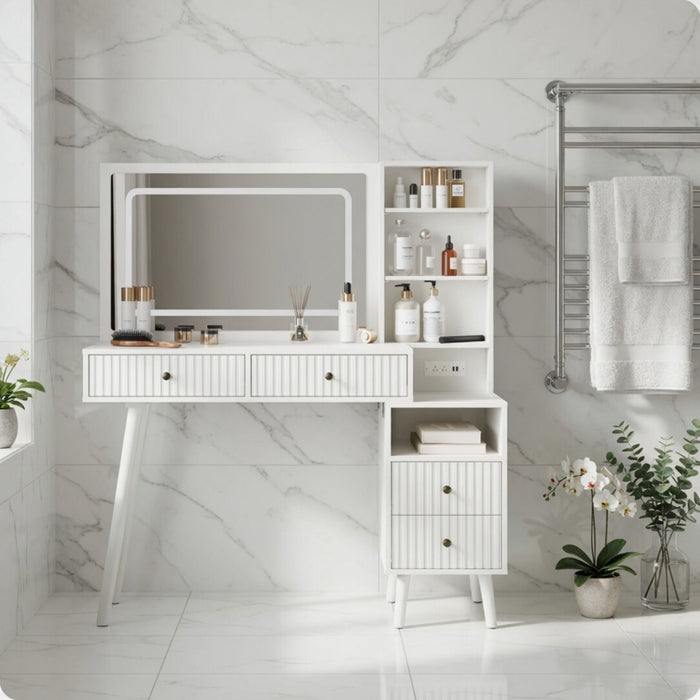 Fluted Vanity Desk With Lighted Mirror & Outlet 4 Drawer, Makeup Table - White