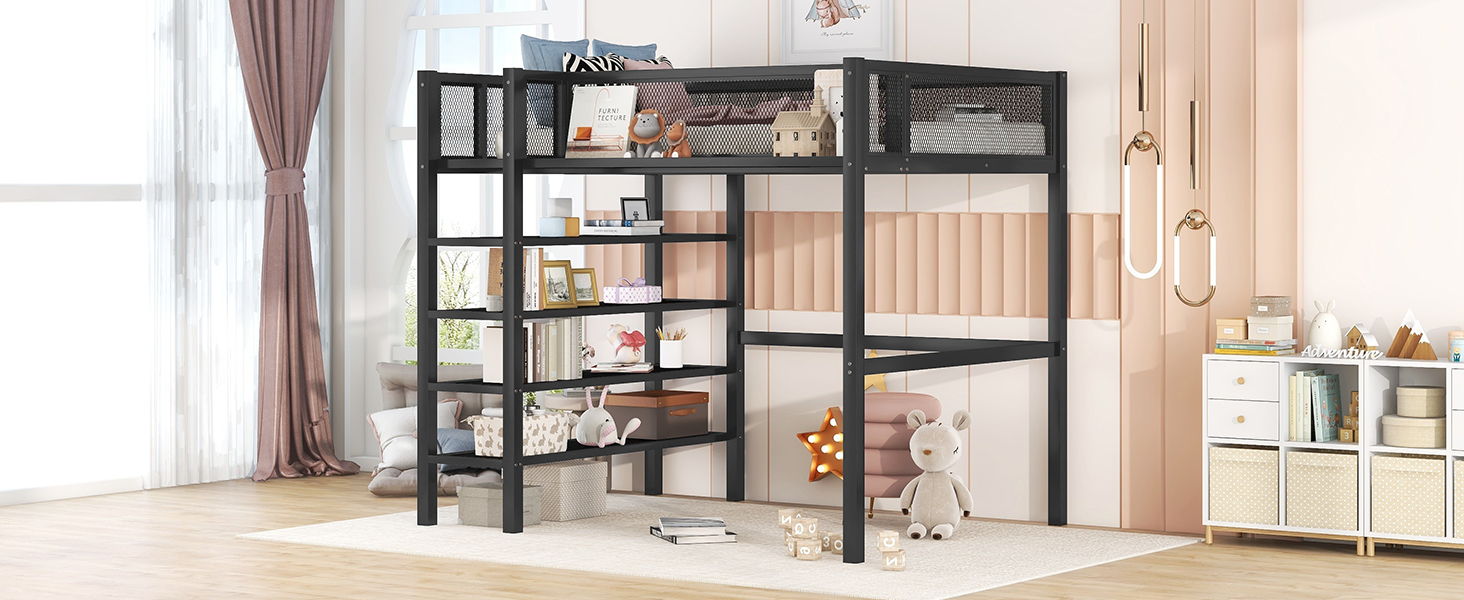 Loft Bed With 4 Tier Shelves And Storage