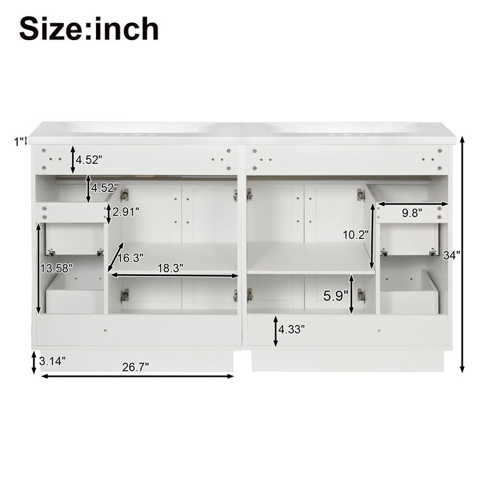 Bathroom Vanity With 4 Cabinet Doors, 4 Drawers, Dual Sinks, Hidden Soft Close Slides And Hinges - White