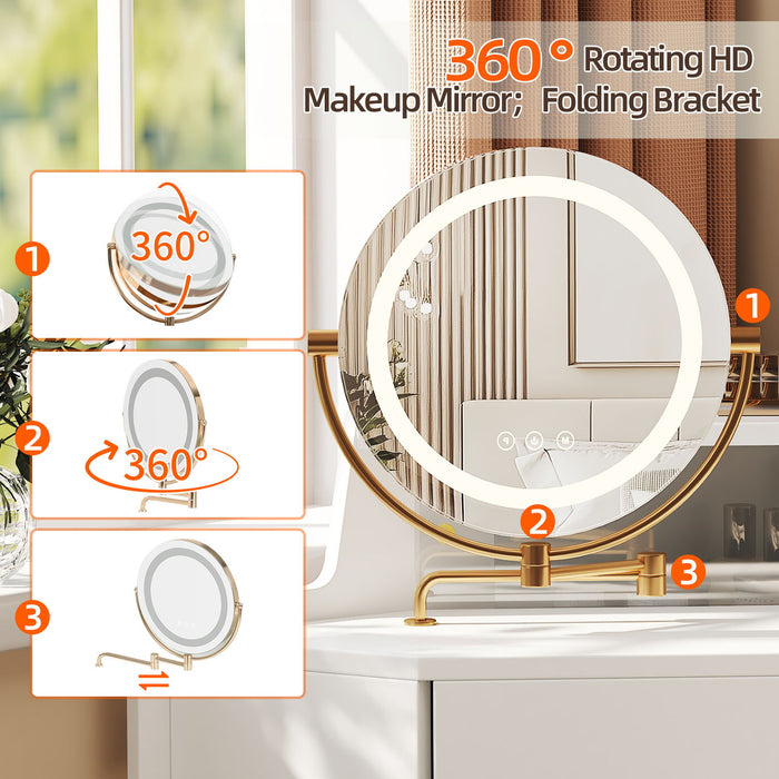 Modern Corner Makeup Vanity Desk With Large Storage, LED Mirror & Stool, Adjustable Brightness, Space Saving - White