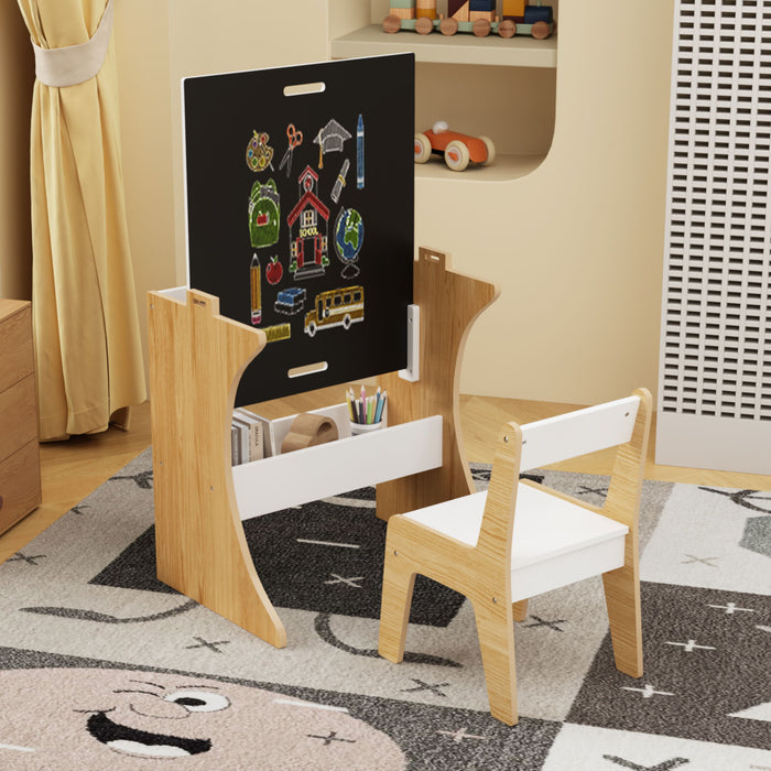 Table Set With 1 Chair, Multifunctional Study Table Convertible Top For Study Drawing & Play - White