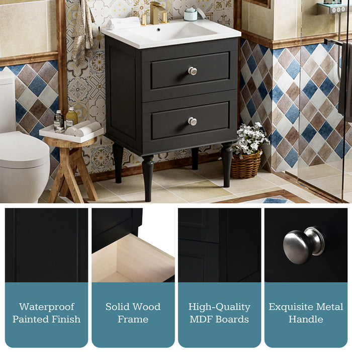 Bathroom Vanity Cabinet With Ceramic Sink Combo Set, Frame Modern Bathroom Storage Cabinet With 2 Drawers - Black
