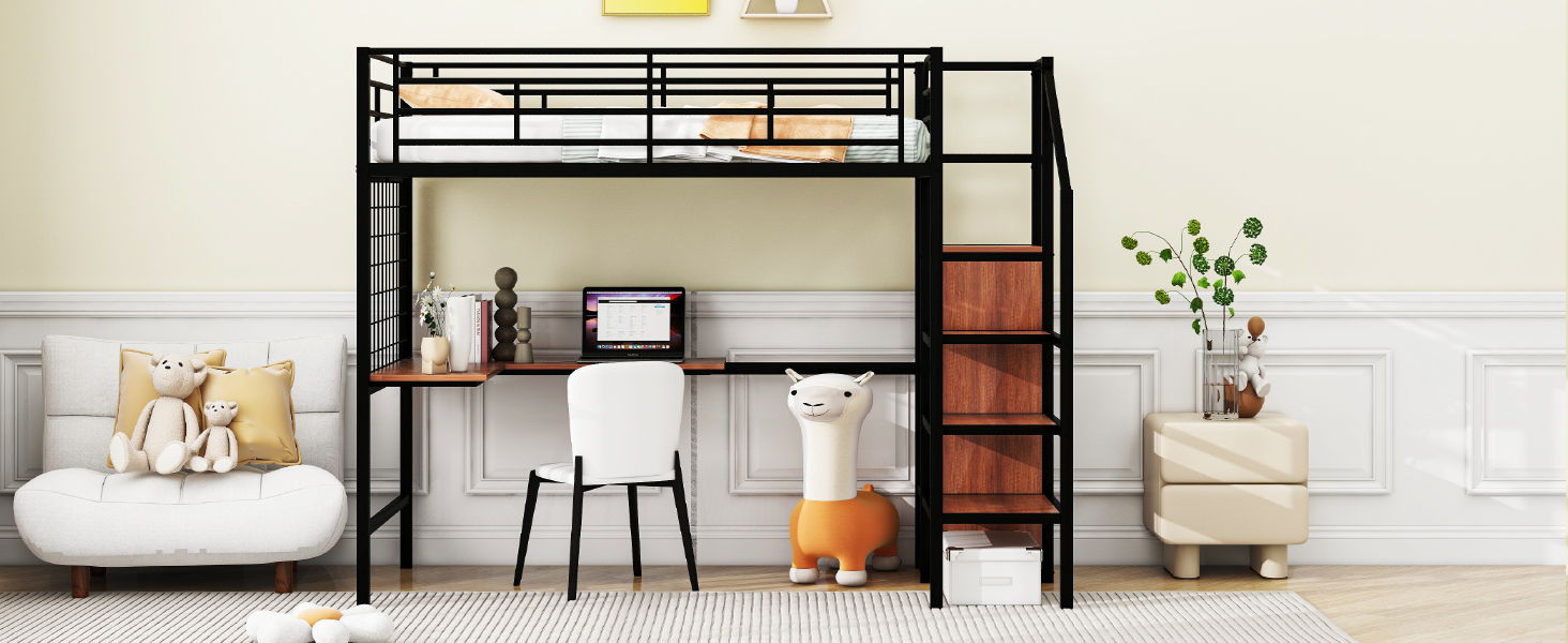 Loft Bed With Desk And Grid, Stylish Frame With Lateral Storage Ladder And Wardrobe