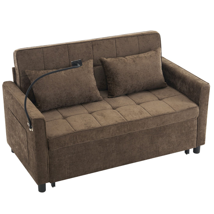 Pull-Out Sleeper Sofa With Reversible Backrest Cushion, Side Pockets, 2 USB Ports And A Phone Holder For Living Room