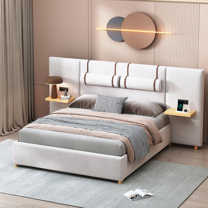 Upholstered Platform Bed, 2 Outlets And USB Charging Ports On Both Sides, 2 Bedside Pillows, Storage Shelves