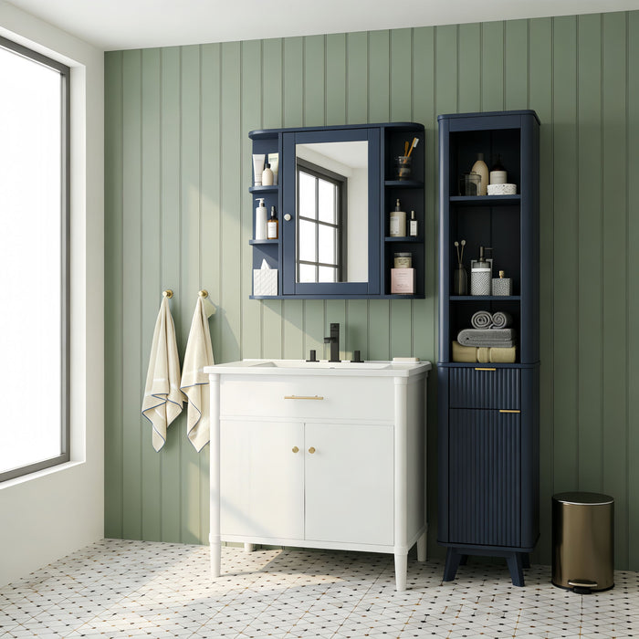 Bathroom Wall Storage Cabinet With Mirror And Adjustable Shelf, 6 Open Shelves