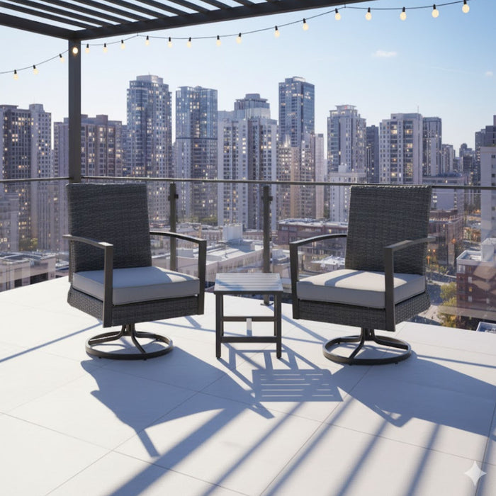 3 Piece Patio Furniture, Swivel Rocker Bistro Set With Side Table & Cushions For Porch - Gray